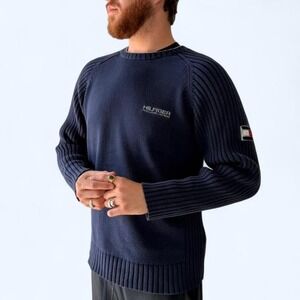 Tommy Hilfiger Denim Mens Crew Neck Sweater Navy Ribbed‎ Knit Logo Patch Size M